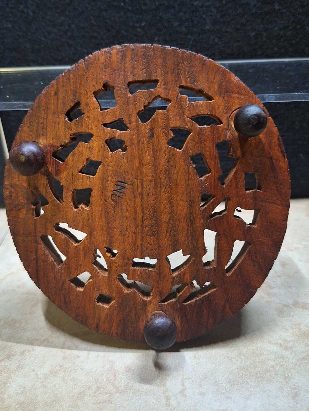 Boho Hand Carved Wood Trivet Plant Stand Hot Pad Floral Inlaid India Lot (3) VTG - Picture 7 of 11